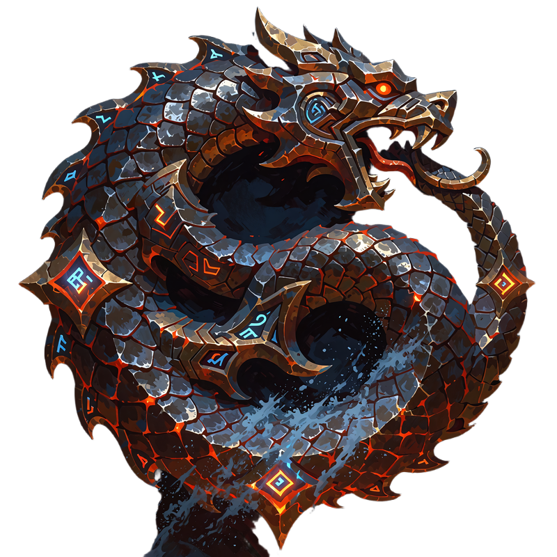 Havslange i m&oslash;rkt jern bidt i sin egen hale, med gl&oslash;dende ilds&oslash;mme - emblem for VIP-niveauet Forged Leviathan