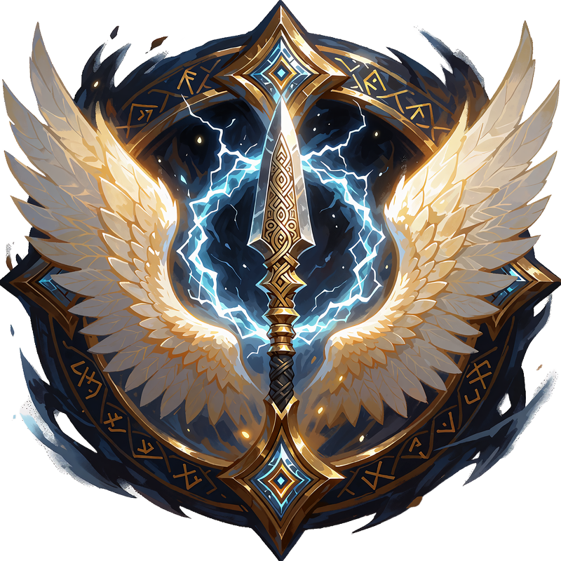 Gylden spyd gennem en ring af isbl&aring; lyn mellem to lysvinger - emblem for det &oslash;verste VIP-niveau Godslayer
