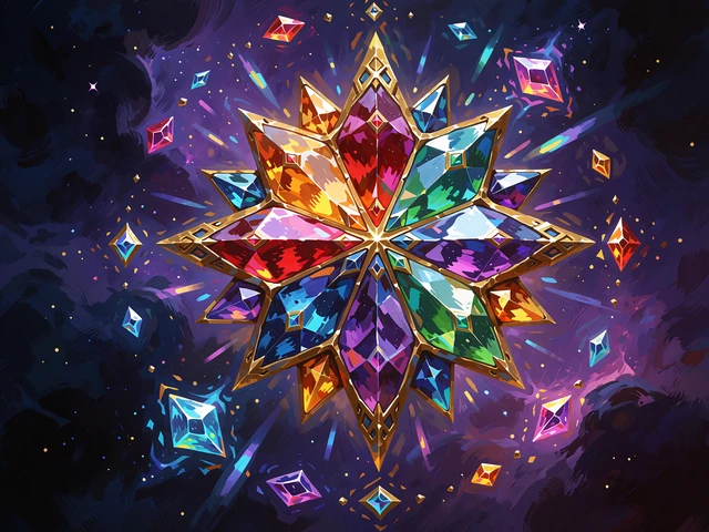 Farverig krystalstjerne i et violet kosmisk rum - illustration til slotten Starburst hos Godz Casino