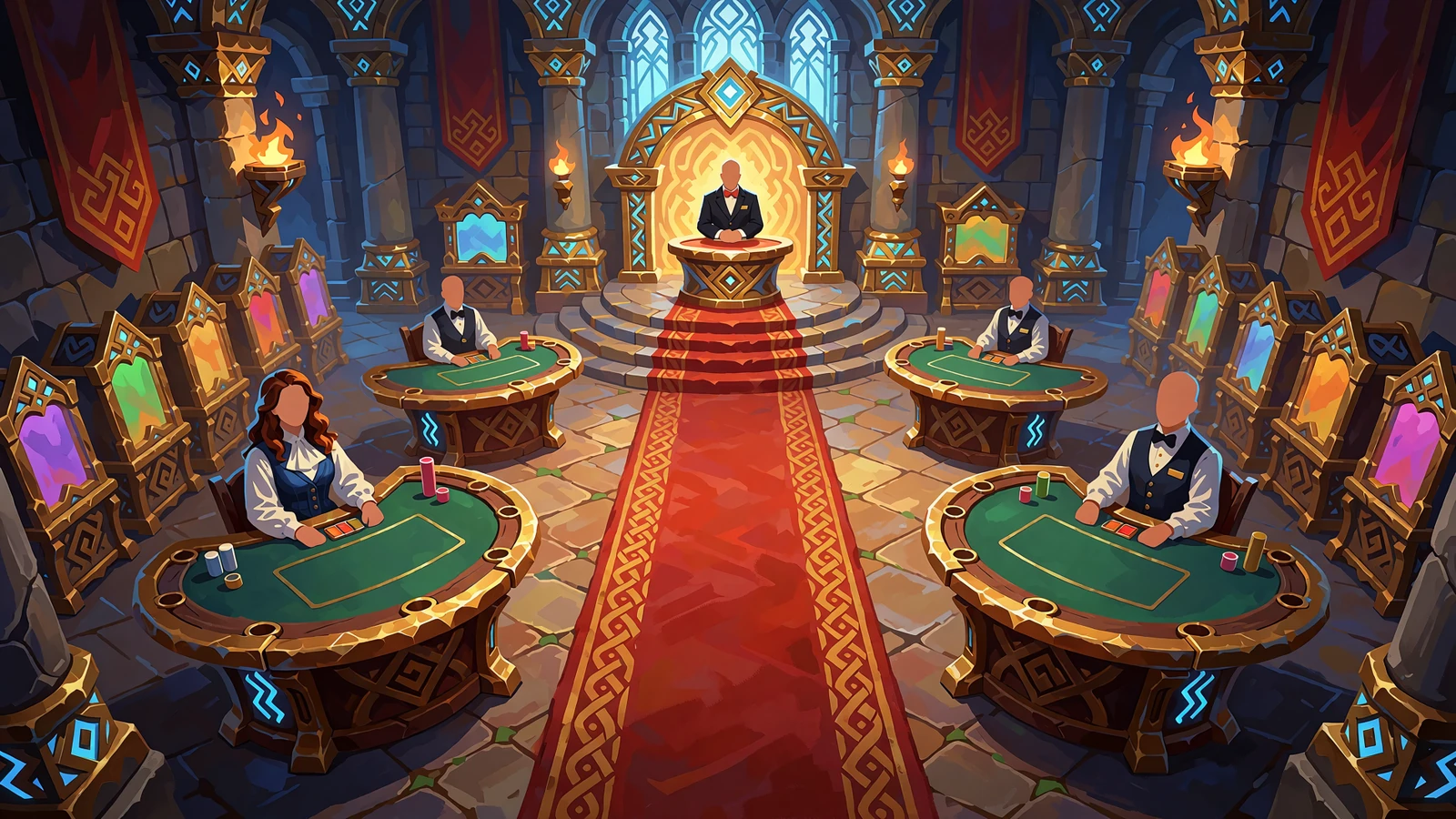 Stor nordisk casinohal med live dealere ved gr&oslash;nne spilleborde, r&oslash;d l&oslash;ber og gyldne buer i Godz' live casino