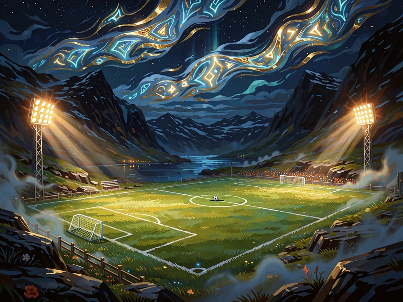 Tom fodboldbane under floodlys i en nordisk fjorddal med nordlys over bjergene - sportsbook og odds
