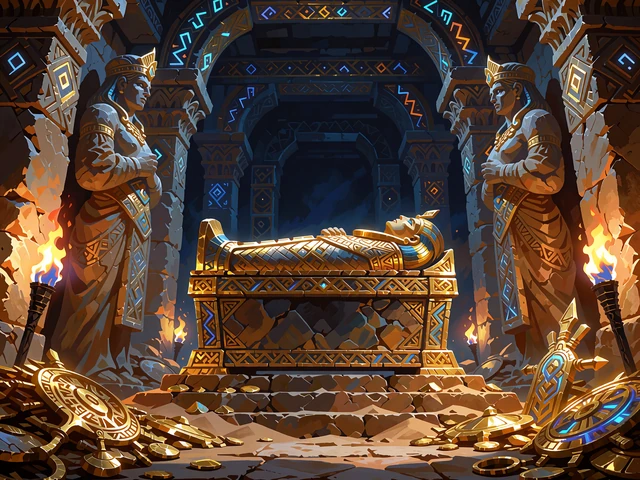Fakkeloplyst &oslash;rkengrav med gylden sarkofag og stenstatuer - illustration til slotten Legacy of Dead