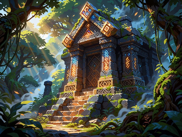 Gammelt stentempel i en gr&oslash;n jungle med tumlende blokke - illustration til slotten Temple Tumble