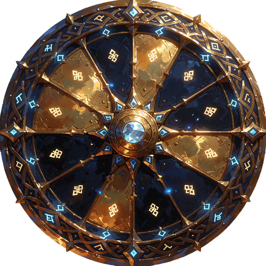 Stort bronzehjul med guldknudem&oslash;nster og bl&aring; &aelig;delsten i midten - Wheel of Fate hos Godz Casino