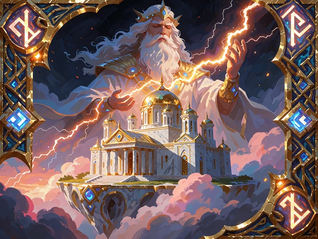 Marmorpalads p&aring; lyser&oslash;de skyer med en sk&aelig;gget himmelgud og gyldne lyn - illustration til Gates of Olympus